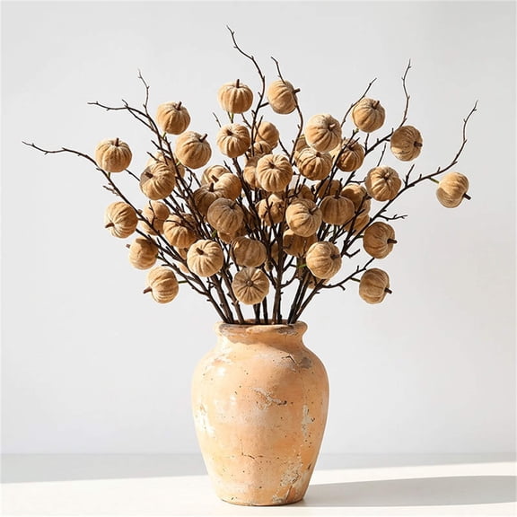 Artificial Velvet Pumpkin with Branches, Faux Fall Home Style Thanksgiving Centerpiece Coin Quad Art