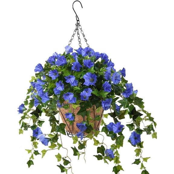 Artificial Vine Silk Azalea Flowers,Hanging Plant in Basket, Ivy Basket Hanging Plant for Patio Lawn Garden Decor (Champagne)