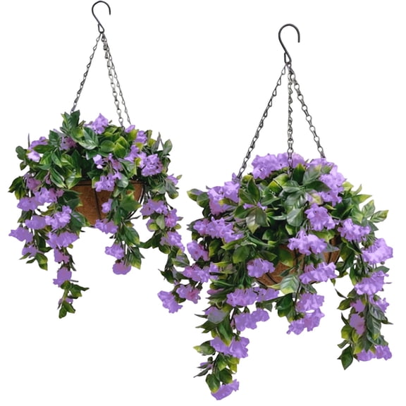 Artificial Violet UV Resistant Potted Plant 2 Pack, Faux Violet Flowers in Planters for Outdoor Spring Porch Decor, UV Protected Simulated Violet Arrangement
