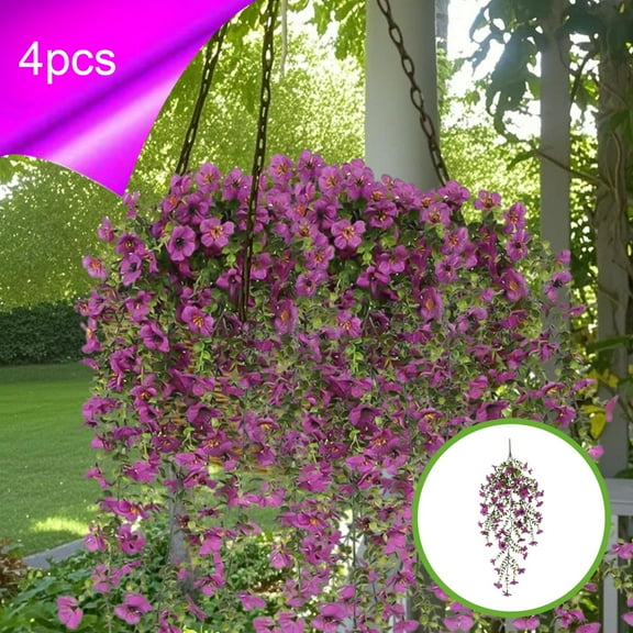 Artificial Violets Hanging Fake Flowers | Eucalyptus Greenery Vines | Plastic Simulated Home Wall Decor | Indoor Outdoor Balcony Garden | 4 Pcs | 27.5 Inch Multicolor Set