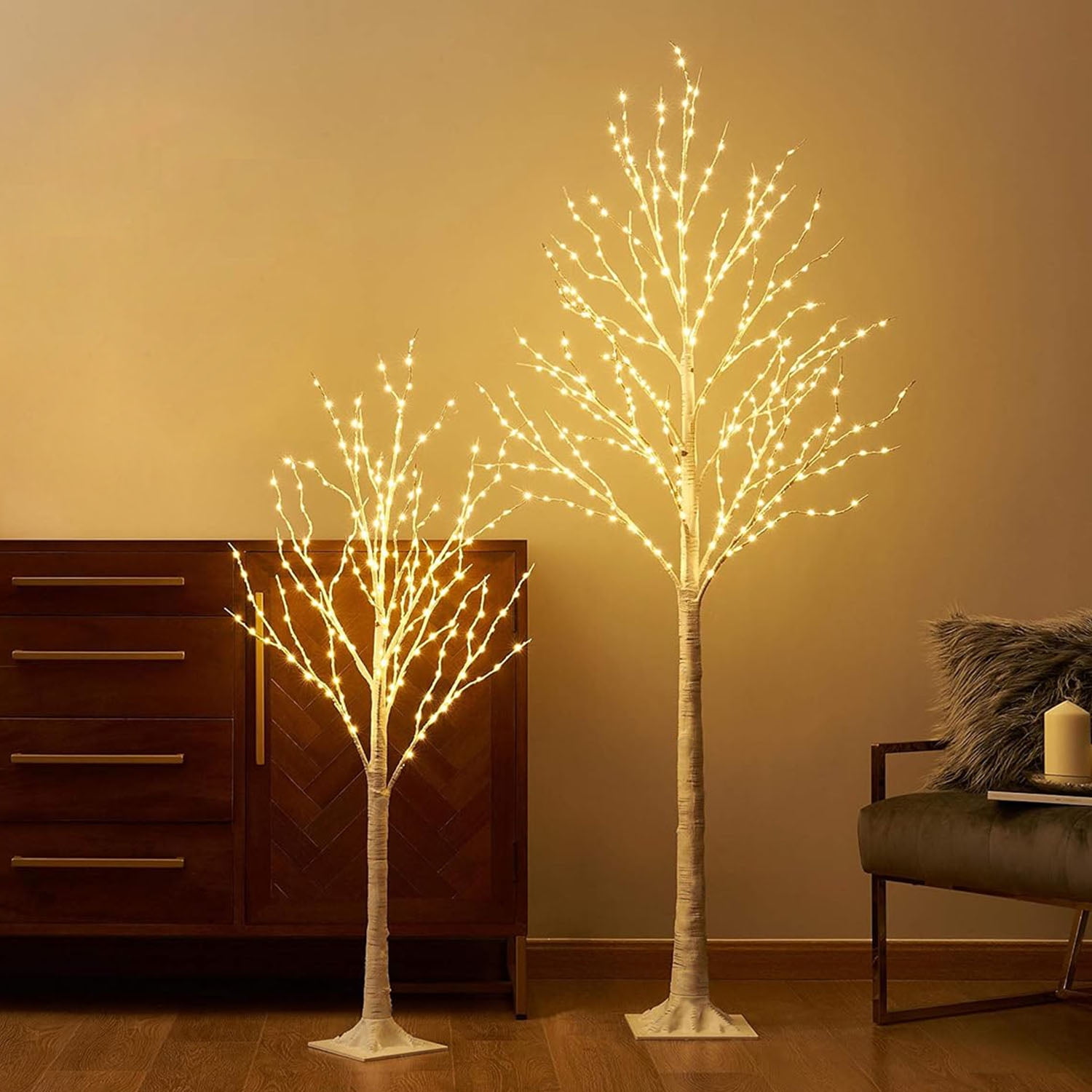 Teqhome 47.24IN White Lighted Birch Twig Tree with 240pcs Warm Yellow ...