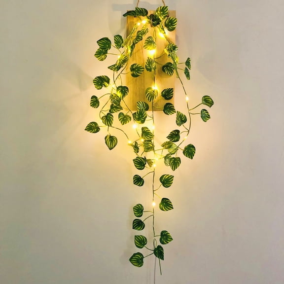 Artificial Watermelon Leaves Vine Garland with 2m 20LED Battery Operated Copper Wire String Lights Greenery Vine Lights for Wedding Party Home Decoration