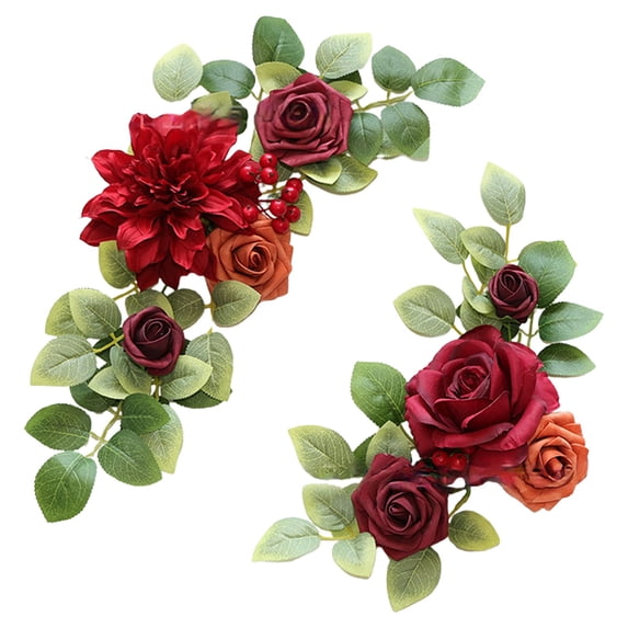 Artificial Wedding Arch Flower Swags, Faux Rose Leaf Floral Sets, Cosmug Welcome Sign Decor, for Ceremony Backdrop, Door Trim and Party Wall Display, 2 Pack, Red