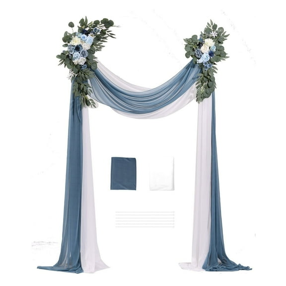Artificial Wedding Arch Flowers Kit (4-Pack) with 21Ft Fabric, Blue & White Wedding Backdrop Decor for Ceremony & Reception Includes Arch Draping & Floral Arrangements