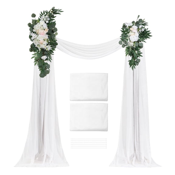 Artificial Silk Wedding Arch Flower Kit with Draping Fabric - Set of 4 Floral Clusters & 21ft Tulle for Ceremony Backdrop Decoration (White)