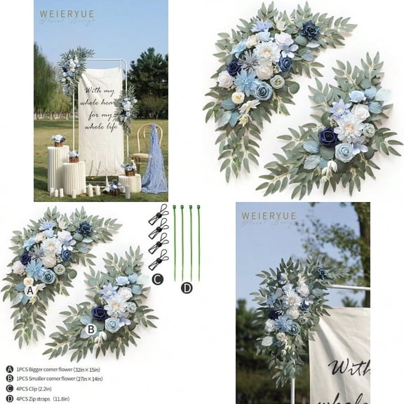 Artificial Wedding Arch Flowers Kit Pack of 2 for Wedding Arch Bridal Shower Ceremony and Reception Backdrop Decoration (Blue Inspiration)