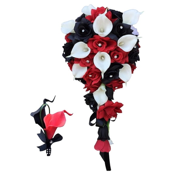 Artificial Wedding Bouquet Black Red White with Boutonniere