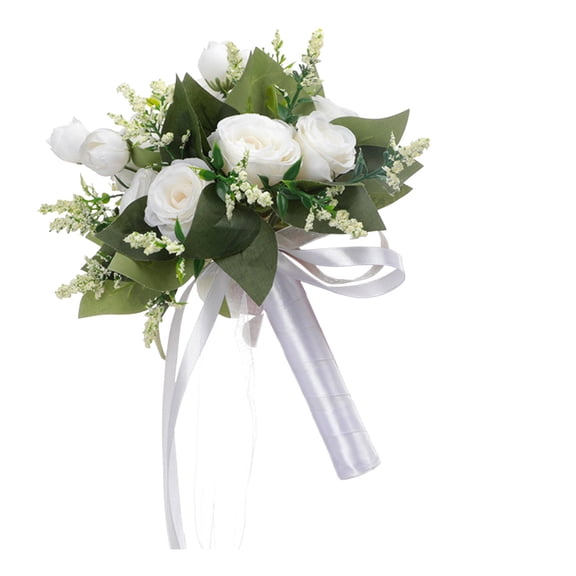Artificial Wedding Bouquet Set - Champagne White Rose Bridal & Bridesmaid Bouquets, Silk Ribbon Wrapped Faux Flower Bouquet for Wedding Valentine's Day ( White )