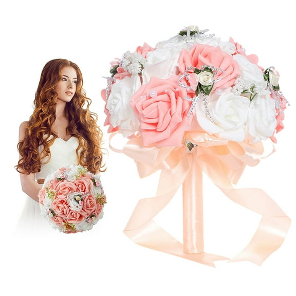 Artificial Wedding Bouquet with PE Flowers Hand-tied Bridal Flower Arrangement with Satin Ribbon Champagne Color