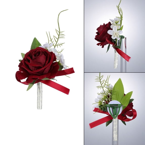 Artificial Wedding Boutonniere Wine Red Fabric Rose for Groom Groomsmen Prom Party Formal Event Decoration