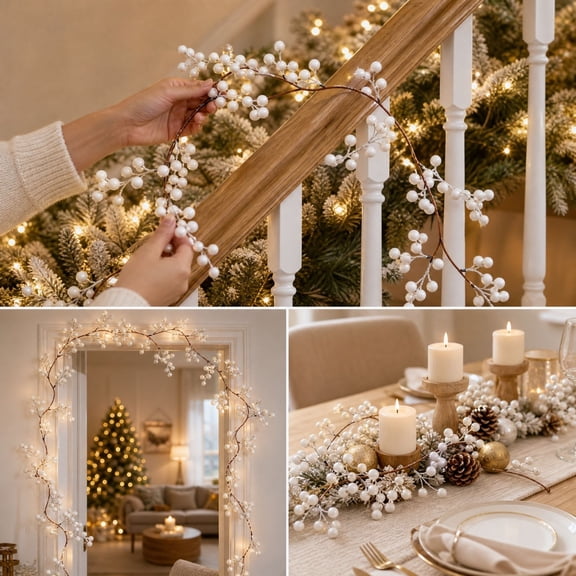 Artificial White Berry Garland for Christmas and Valentine's Day Decor - 68.9 Inch Flexible Faux Berry Twig for Mantel, Staircase, Table and Winter Holiday Decor