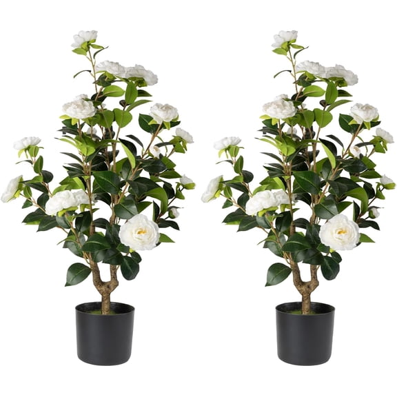Artificial White Camellia Tree 2 Pack, Faux Camellia Flower Plant with Full Blooms, Potted Fake Greenery for Indoor Home Office Living Room Porch Decor