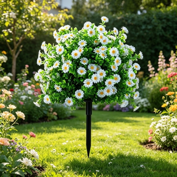 Artificial White Daisy Bush with Ground Stake – UV-Resistant Fake Flowers for Lawn, Garden, Patio, Window Boxes & Indoor Decor | Low Maintenance Spring Summer Decor 1PC