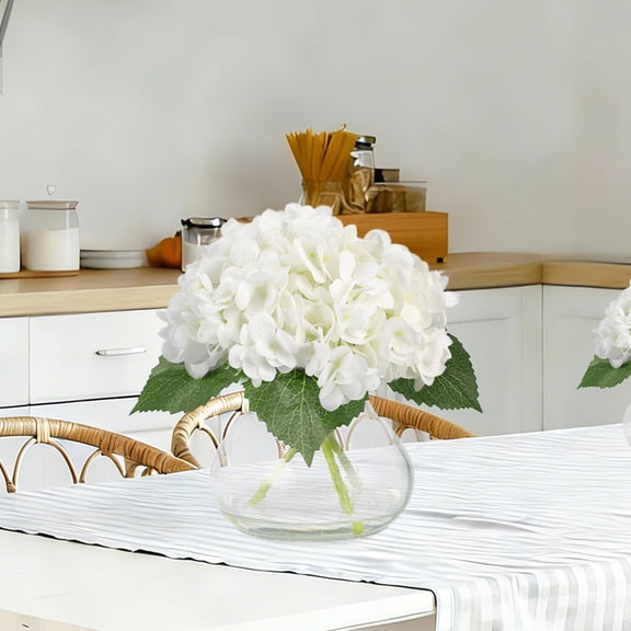 Artificial White Hydrangea Flowers in Glass Vase – Realistic Silk Bouquet, Lifelike Bendable Stems, Faux Water, Elegant Centerpiece for Home Decor, Office, or Wedding Arrangement (White)