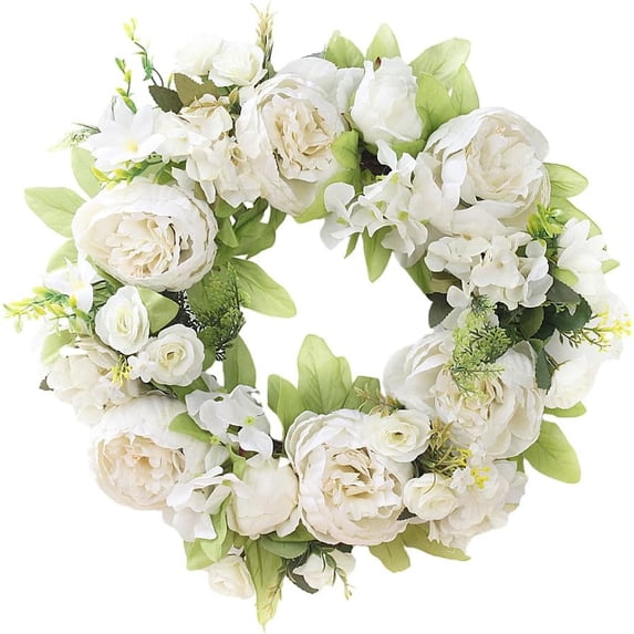 Artificial White Peony Floral Wreath, 13.7'' Silk Spring Summer Fall Winter Wreaths for Outdoor Front Door Indoor Wedding Wall Window Décor