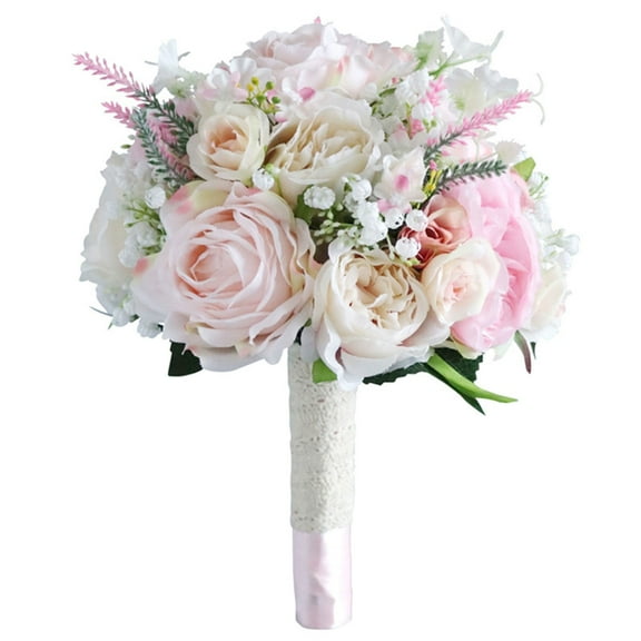 Artificial White/Pink Flower Bouquet with Green Leaves Fake Silk Floral