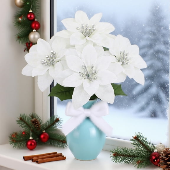 Artificial White Poinsettia Flowers Fake Christmas Decor for Home Holiday Table Vase