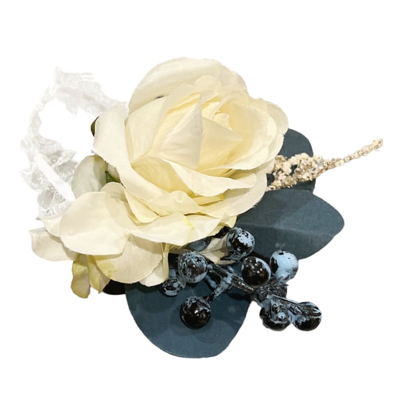 Artificial White Rose Corsage with Navy Teal and Blue Accents