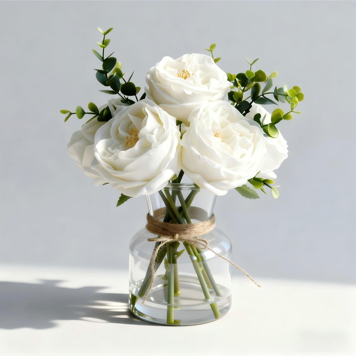 Artificial White Roses in Vase, Lifelike Faux Flowers Arrangement with Artificial Water, 13×10 Fake Flowers in Vase for Dining Table Centerpiece, Home & Restaurant Decor