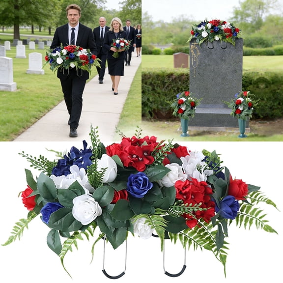 Artificial Wildflower Saddle for Headstone, Silks Cemetery Flowers, Realistic Outdoor Grave Decorations, White Blue Red Wildflower Arrangement for Cemetery Memorial