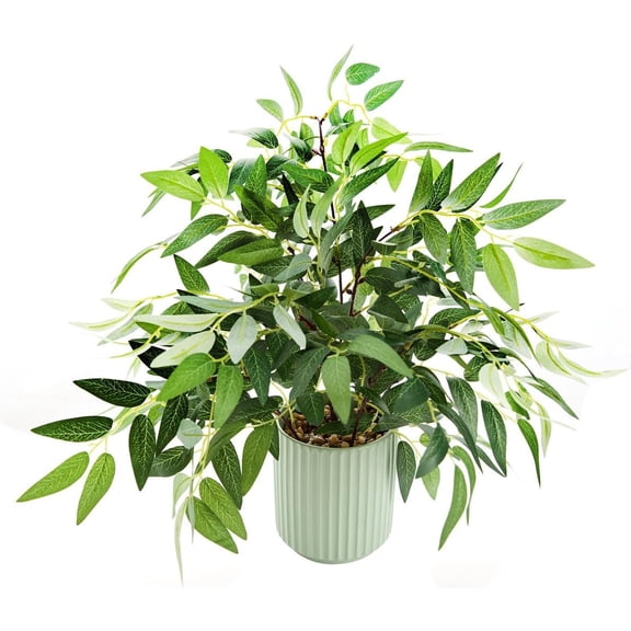 Artificial Willow Leaf Plant in Ribbed Ceramic Pot Lifelike Faux Potted Greenery for Indoor Decor