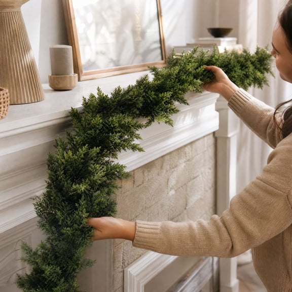 Artificial Winter Pine Garland Real Touch Faux Evergreen Cedar Branches Hanging Vines for Holiday Fireplace Mantel Decor, 70.87 inch