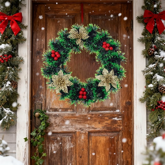 Artificial Winter Wreath, Holiday Door Wreath With Berries For Front Door Fireplace Stair Railing Indoor Outdoor Winter Ornament