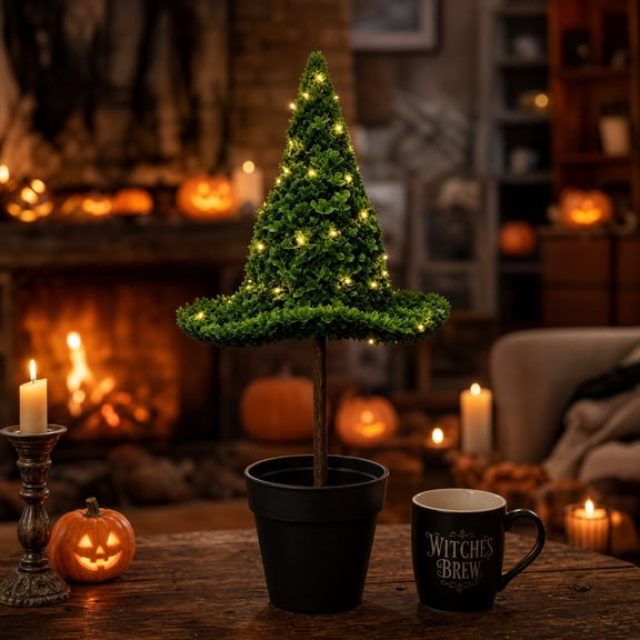 Artificial Witch Hat Topiary Tree 22.5-Inch Faux Boxwood Potted Plant for Halloween Party Spooky Home Decor Porch Garden Yard Festival Atmosphere Accents