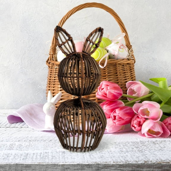 Artificial Wooden Easter Bunny Decorations, 7.8x3.9inch Wicker Rabbit Ornament for Table Centerpieces, Hand-Woven Bunny Basket for Spring Farmhouse Home Tabletop Party Decor