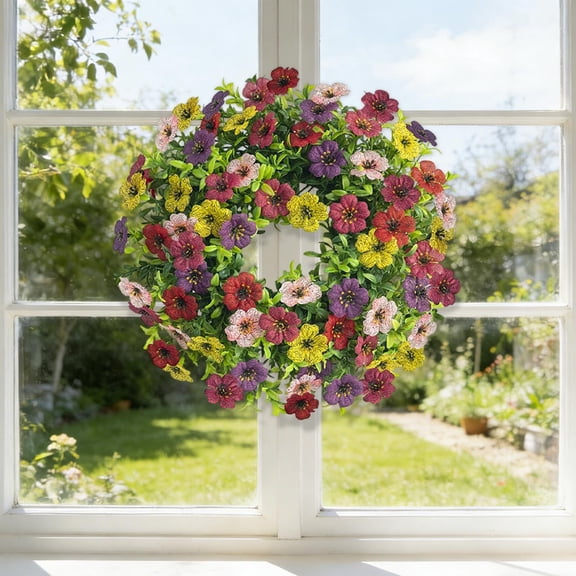 Artificial Wreath, Spring Summer Violet Floral Design, Decorative Hanging Ornament for Door, Wall, Window, Porch, Home and Wedding Decor