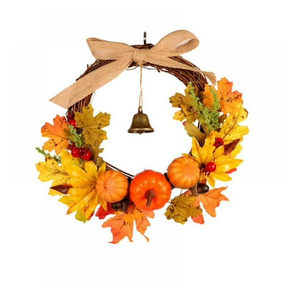 Artificial Wreath With Pumpkin Maple Leaves And Bell Autumns Harvest Thanksgiving Day Decoration Garland Front Door Wall Hanging Decor