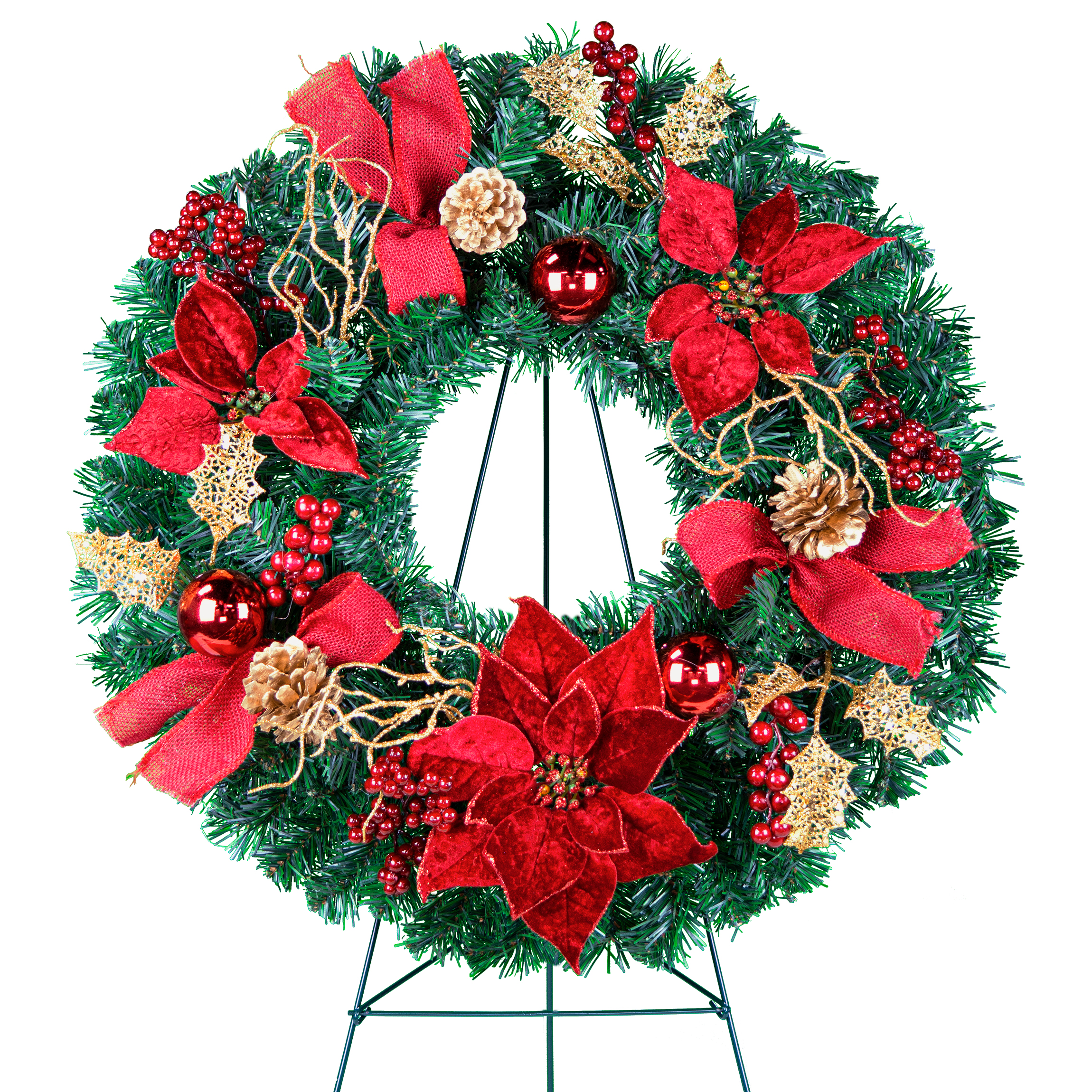 Artificial Wreath on 30" Easel Red Poinsettias & Gold Pinecones