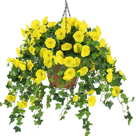 Artificial Hanging Plants Outdoors, Fake Artificial Hanging Baskets with Flowers, Faux Silk Flowers for Front Porch Patio Outside Urn Fillers Spring Summer Decor(Yellow)