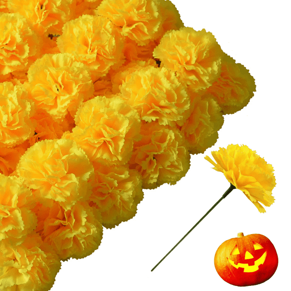 Artificial Yellow Marigold Flowers Faux Plastic Flower Heads with 6 Inch Stems for Halloween Fall Decor