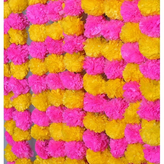 Artificial Yellow & Pink Marigold Garland for Decoration 5 feet Long Strands Artificial Marigold Flowers, Indian Decor for Pooja, Wedding Christmas, Events Decorations
