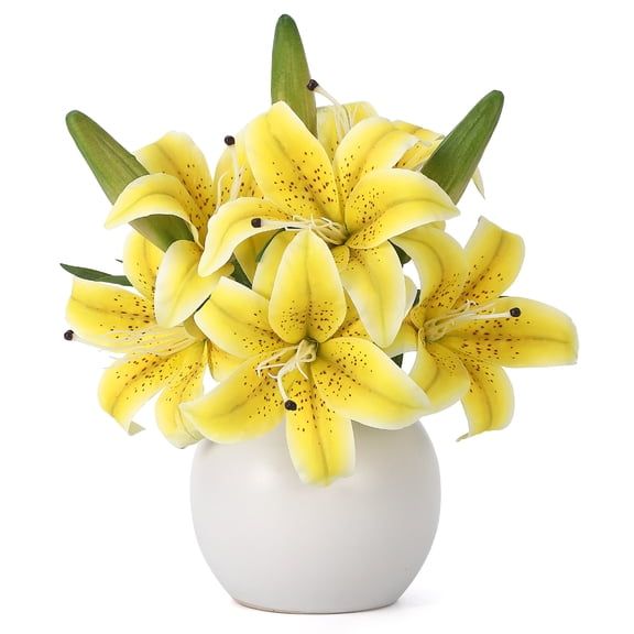 Artificial Yellow Tiger Lilium Flowers in Ceramic Vase - 3 Stems with 6 Realistic Blooms & 3 Buds - Faux Floral Arrangement for Home, Dining Table, Wedding Centerpiece - Yellow