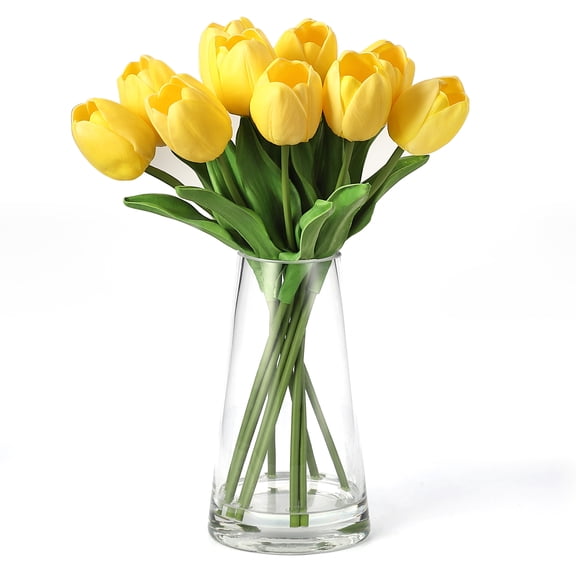 Artificial Yellow Tulips Flowers with Glass Vase, 14" Lifelike Fake Floral Arrangement for Home Office Dining Table Decor, Wedding Centerpiece