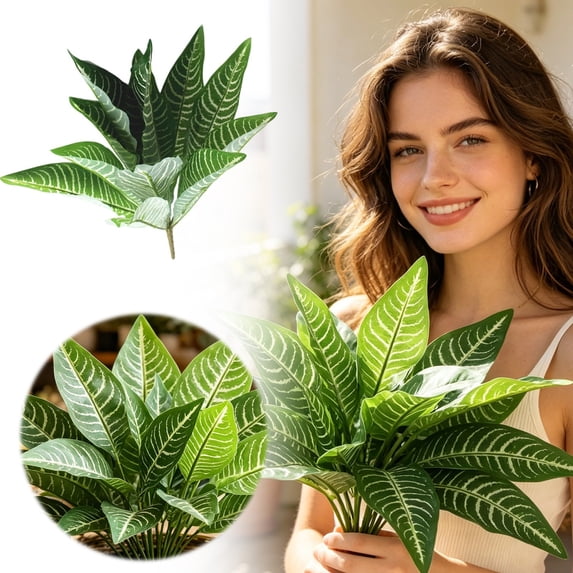 Artificial Zebra , 19.6" Zebra Leaf Spray, Aphelandra Squarrosa with Green & Yellow Stripes, Maintenance Free Greenery for Home Office Table Centerpiece