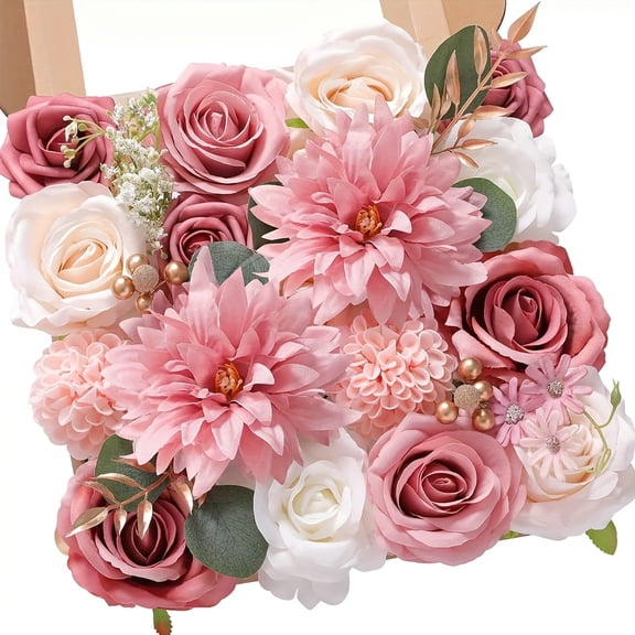 Artificial artificial dahlia and rose clusters with stems are suitable for DIY bridal bouquets, home decoration, cake decoration, flower arrangement, garden, vase, and garland making