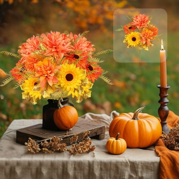 Artificial autumn flowers,maple leaf flower inserts,paired with pumpkins, sunflowers, pinecones, and berry stems,suitable for home decoration, and autumn Thanksgiving decorations.