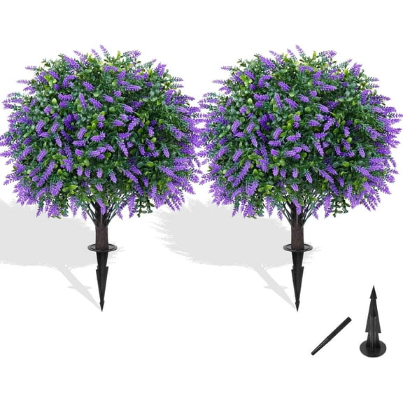 Artificial boxwood 27 inch lavender flower ball tree, artificial shrubbery with ground spikes, artificial plant that can withstand indoor ultraviolet rays, outdoor decoration very suitable for gard