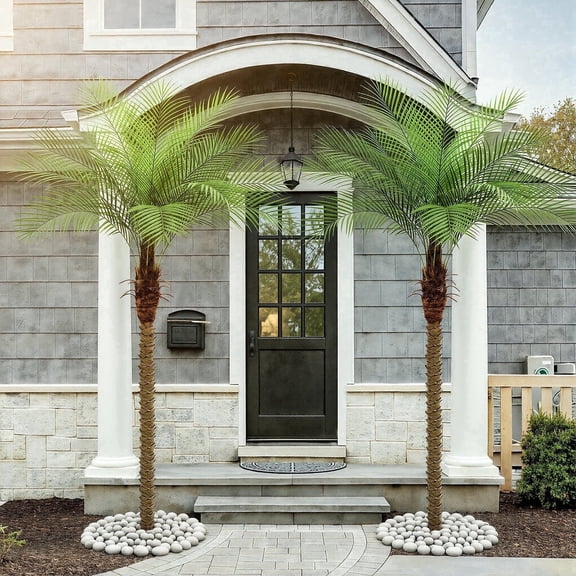 7ft Artificial Phoenix Palm Tree, Tall Faux Palm Plant with 15 Adjustable Leaves, Perfect for Outside Patio, Poolside, Home Office, Living Room, Yard Decor – 2 Pack