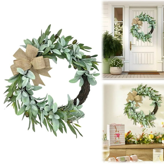 Artificial flowers,Floralies Artificial Lambs Ear Wreath Set 16'' Flocked Green Leaves Year Round Farmhouse Wreath Indoor Greenery Silk Wreaths