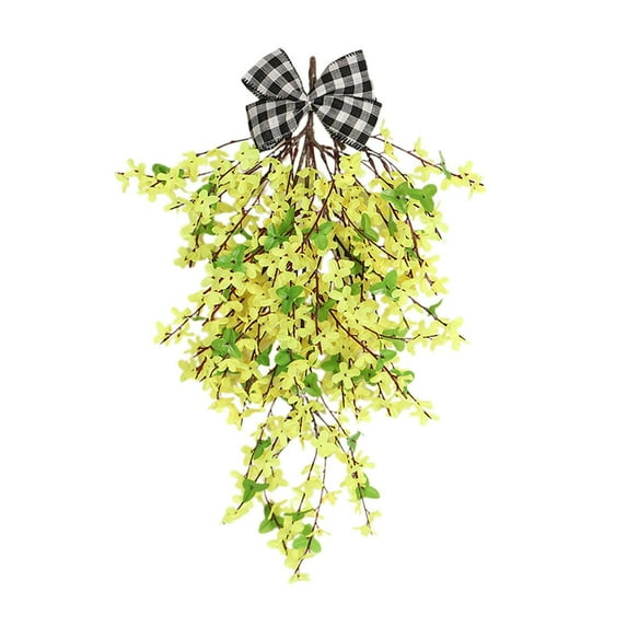 Artificial flowers,Forsythia Teardrop 21.7inch Decorative Forsythia With Burlap Bow Artificial Hanging Teardrop Wreath Spring Floral Winter Jasmines Teardrop Wreath For Door