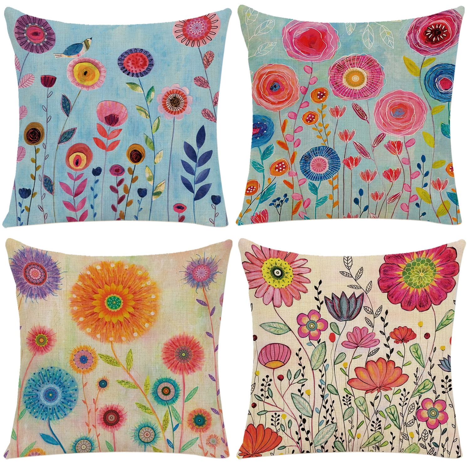 Artiflr Spring Summer Throw Pillow Covers 18x18 Inch, Set of 4 Flowers  Pillow Cases Decorative Cushion Cases Cushion Cover, Flowers Seasonal