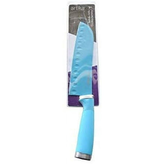 Artika 7” Santoku Knife | Straight Edge – With Dimpled Granton Blade – Ergonomic Non Slip Handle – Sharp 7 Inch Steel Knife – Blue Color