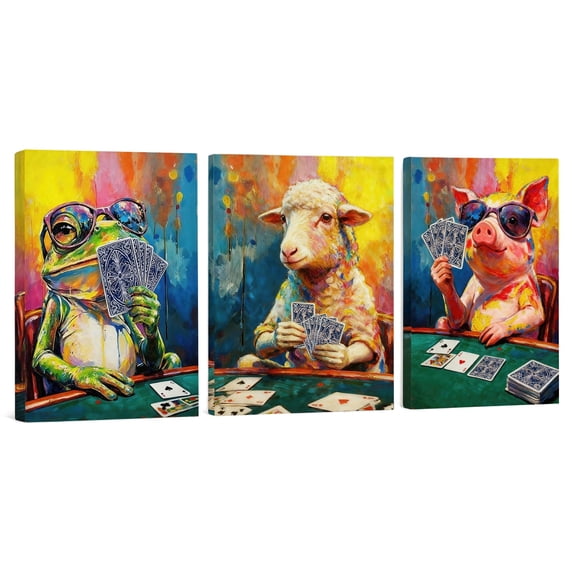 Artiluxy Funny Animal Poker Wall Art Set of 3 – 12×16in Humorous Canvas Prints Featuring Frog, Sheep & Pig – Quirky Card Game Wall Decor for Living Room, Game Room or Man Cave, Ready to Hang
