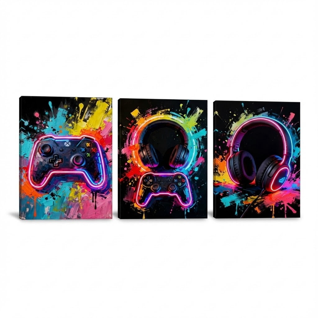Artiluxy Neon Style Controller and Headset Prints Gaming 12x16 Painting Canvas Art Prints Set of 3