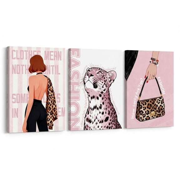 Artiluxy Set of 3 Fashion Illustration Canvas Wall Art, 12x16 Inch Chic Leopard Prints, Modern Feminine Artwork on Stretched Canvas for Bedroom Closet or Dressing Room Decor