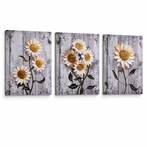 Artiluxy Set of 3 Sunflower Canvas Wall Art, 12x16 Inch Textured Farmhouse Floral Prints with Palette Knife Accents on Stretched Canvas